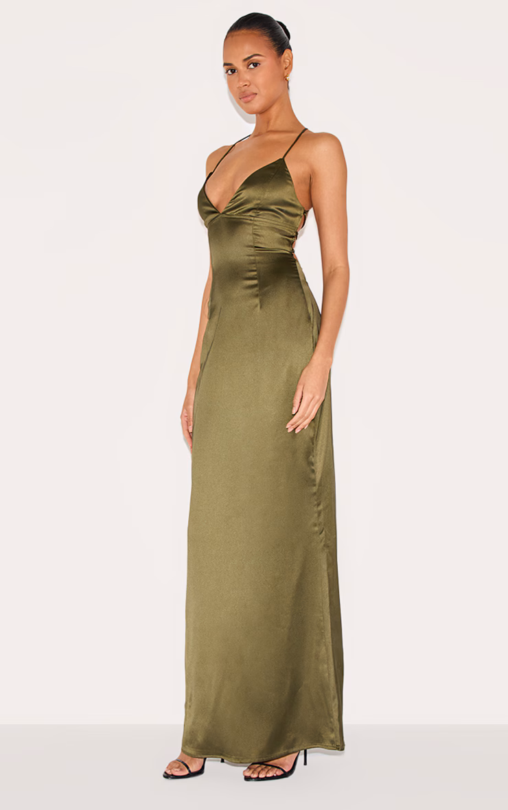 Olive Satin Tie Back Maxi Dress