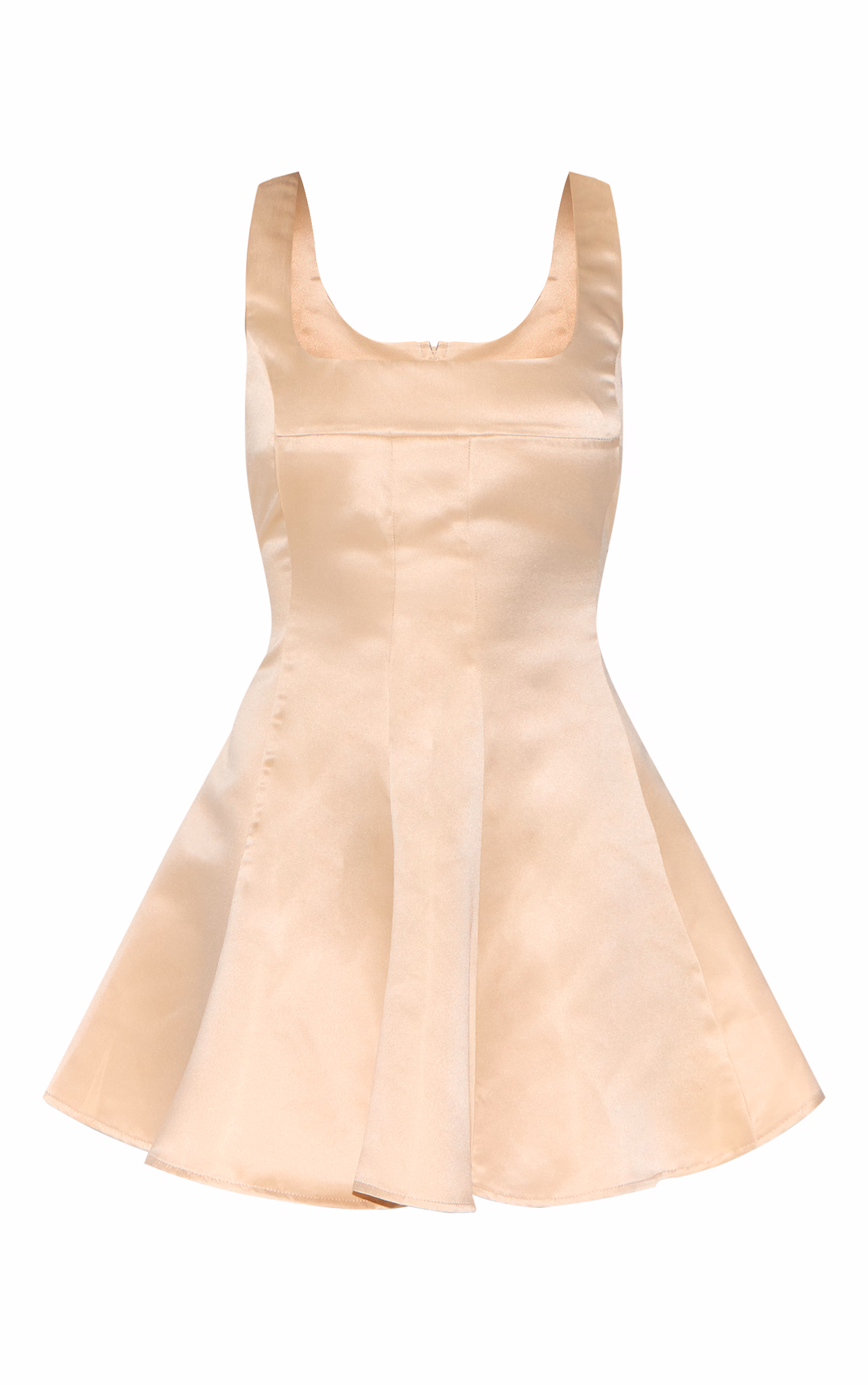 Almond Satin Square Neck Pleated Shift Dress