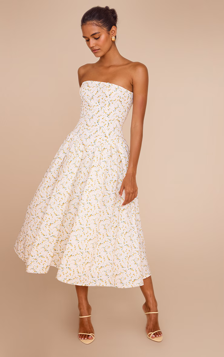 Yellow Ditsy Printed Bandeau Skater Midaxi Dress