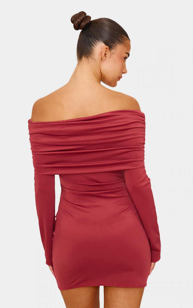 Burgundy Matte Sculpt Double Layer Foldover Bardot Long Sleeve Mini Dress