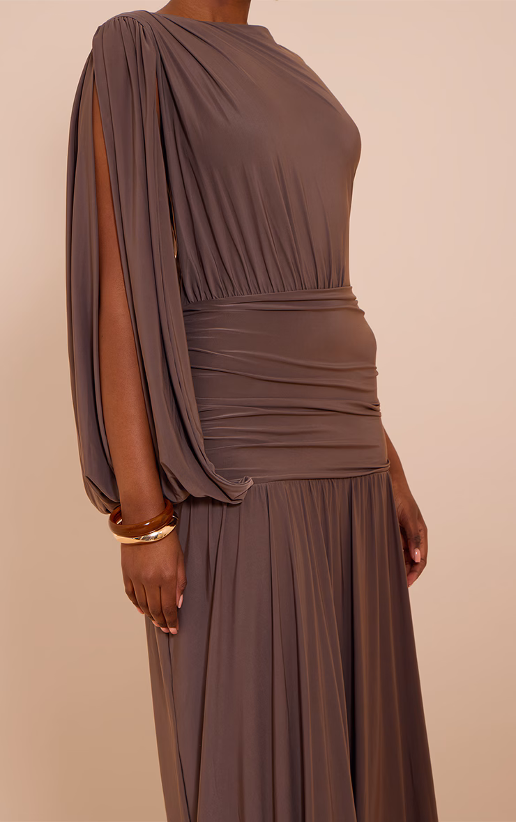 Mushroom Double Layer Slinky Ruched One Shoulder Maxi Dress