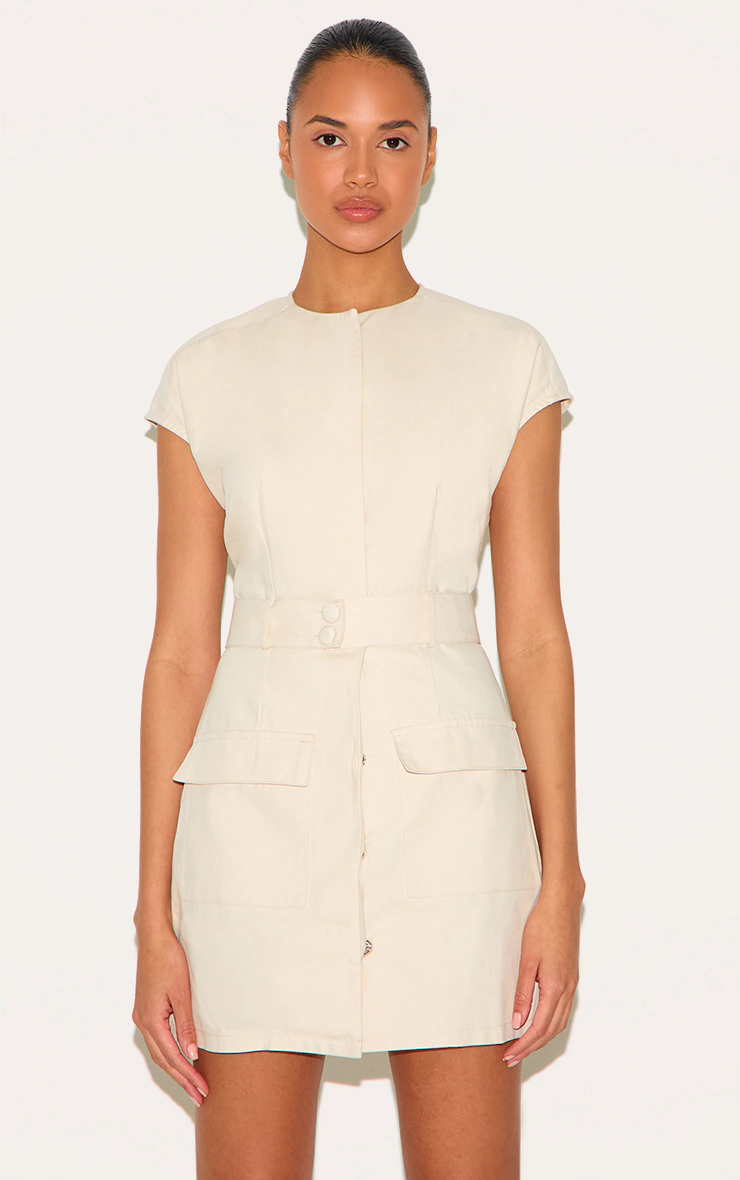 Almond Woven Utility Pocket Detail Mini Dress