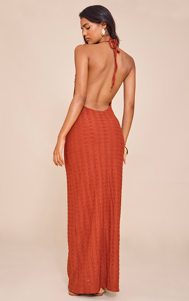Rust Textured Halterneck Tie Low Back Sleeveless Maxi Dress