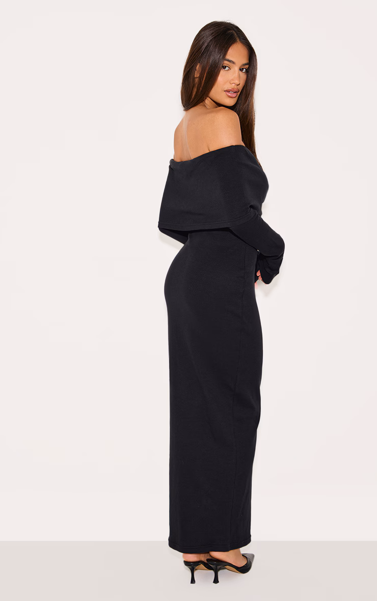 Black Rib Fold Over Bardot Button Maxi Dress