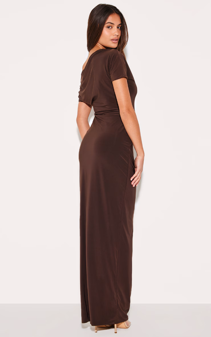 Dark Chocolate Double Layer Slinky Asymmetric Ruched Sleeve Maxi Dress