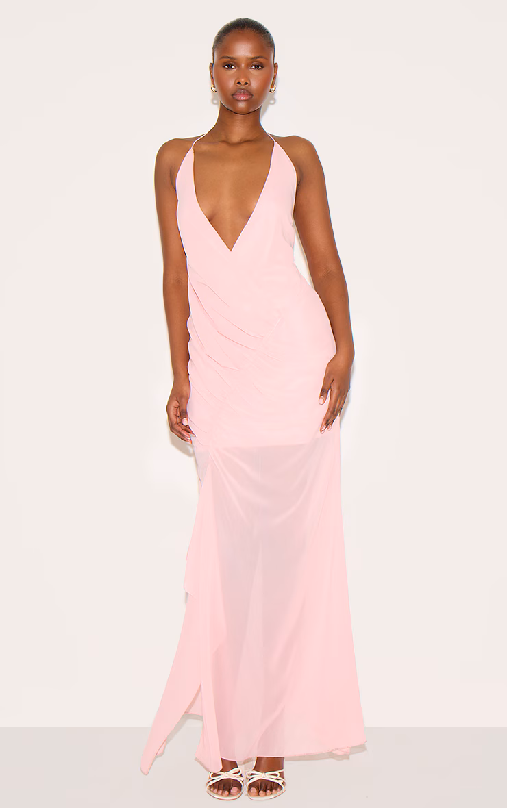 Pale Rose Chiffon Asymmetric Ruched Maxi Dress