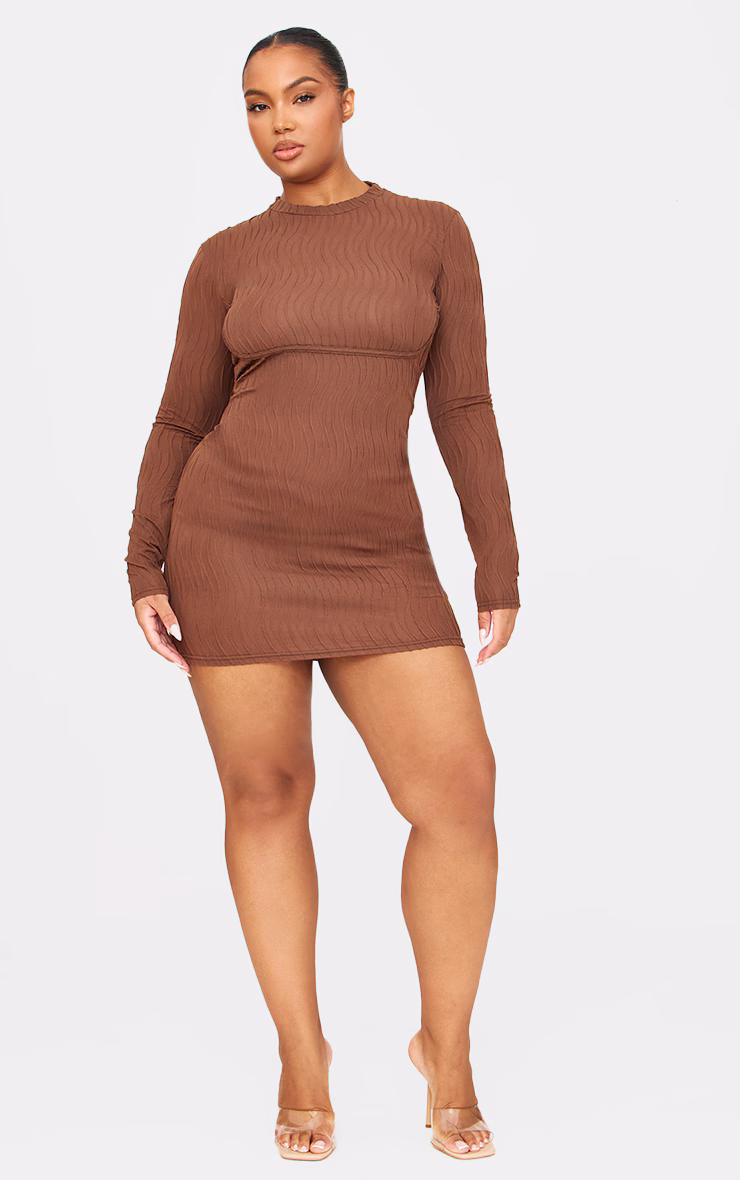 Plus Brown Textured Long Sleeve Bust Seam Detail Mini Dress