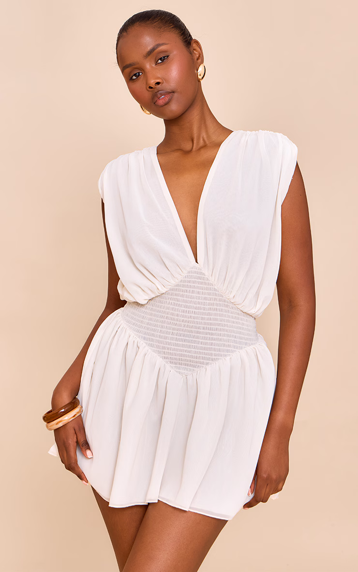 Almond Chiffon Shirred Mini Dress