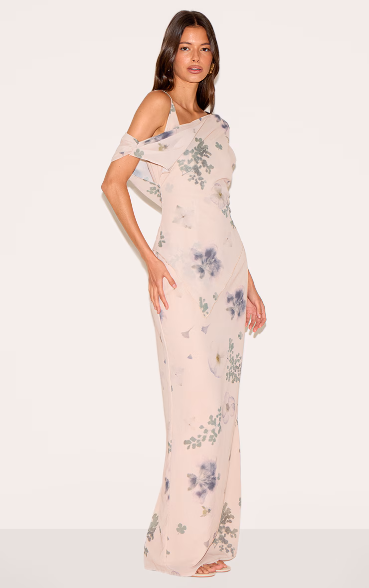 Sand Abstract Printed Chiffon Draped Maxi Dress