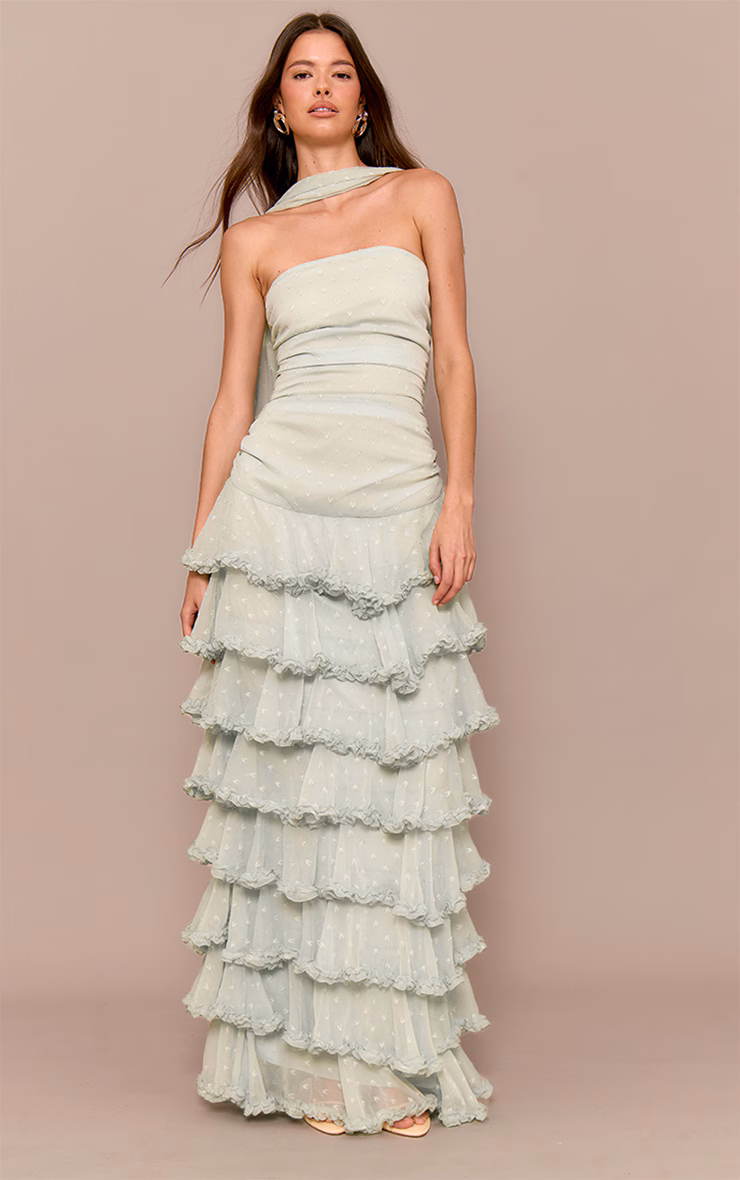 Sage Green Chiffon Tiered Frill Maxi Dress