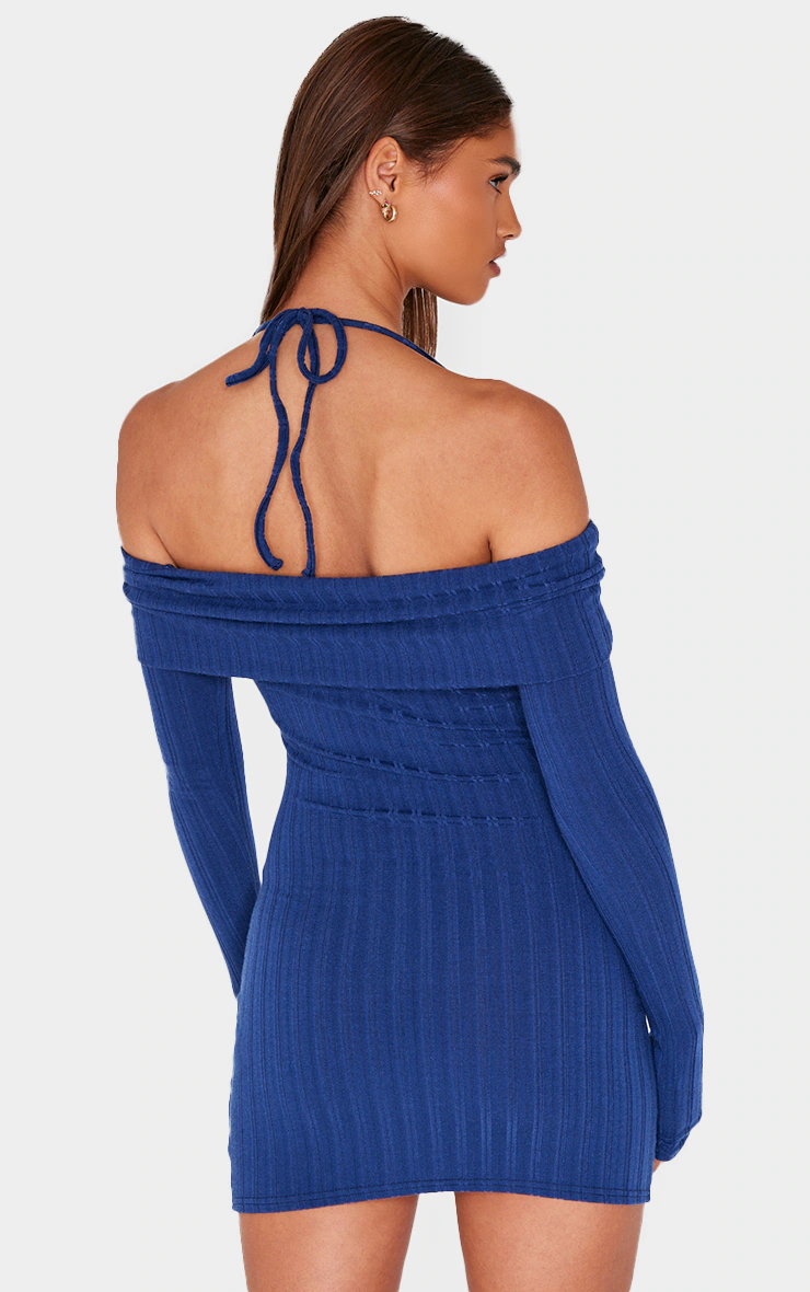 Navy Rib Bardot Fold Over Bodycon Dress