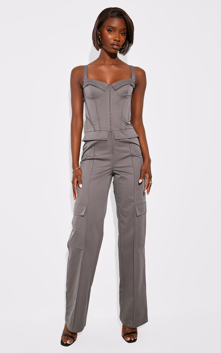 Tall Charcoal Corset Detailed Wide Leg Jumpsuit