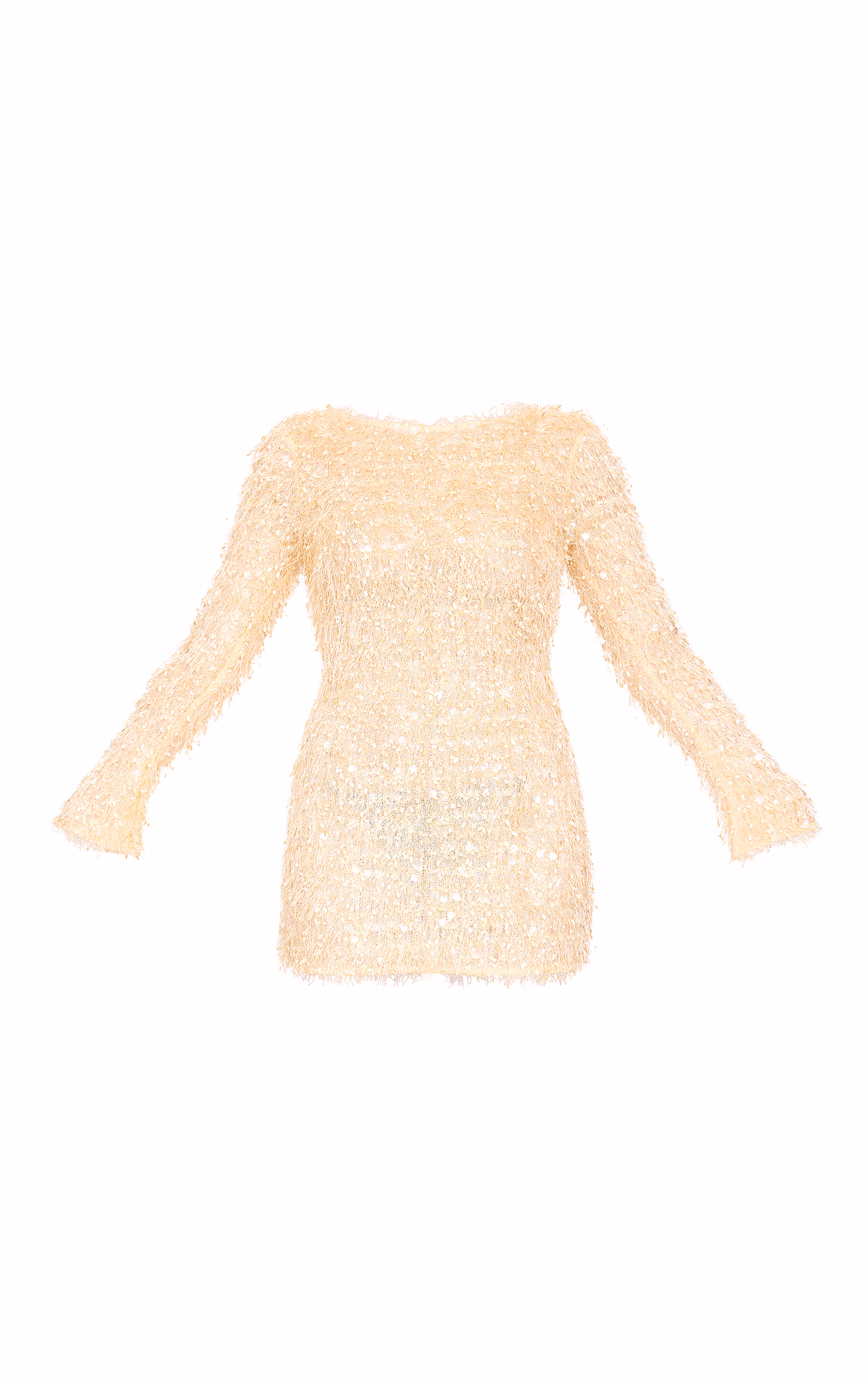 Butter Cream Textured Eyelash Long Sleeve Cowl Back Bodycon Dress