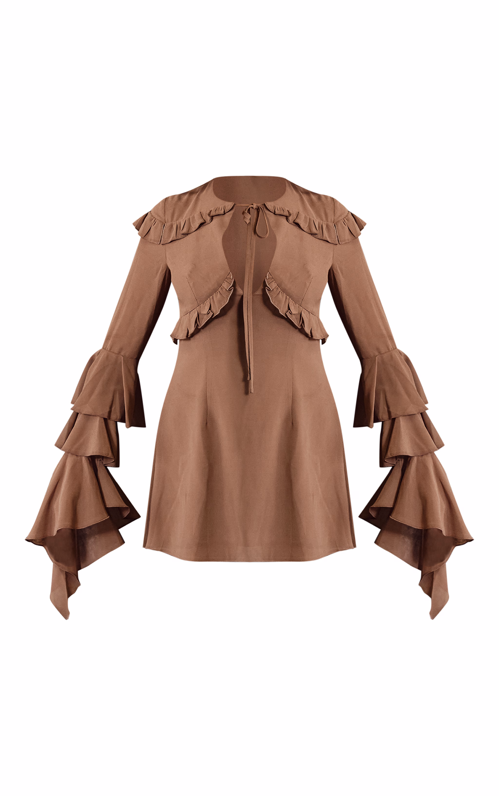 Dark Brown Chiffon Ruffle Detail Long Sleeve A-line Shift Dress