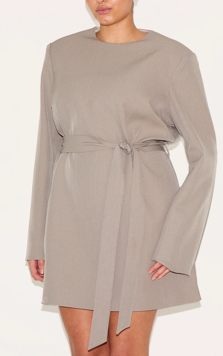 Plus Grey Tailored Belt Detail Long Sleeve Shift Dress