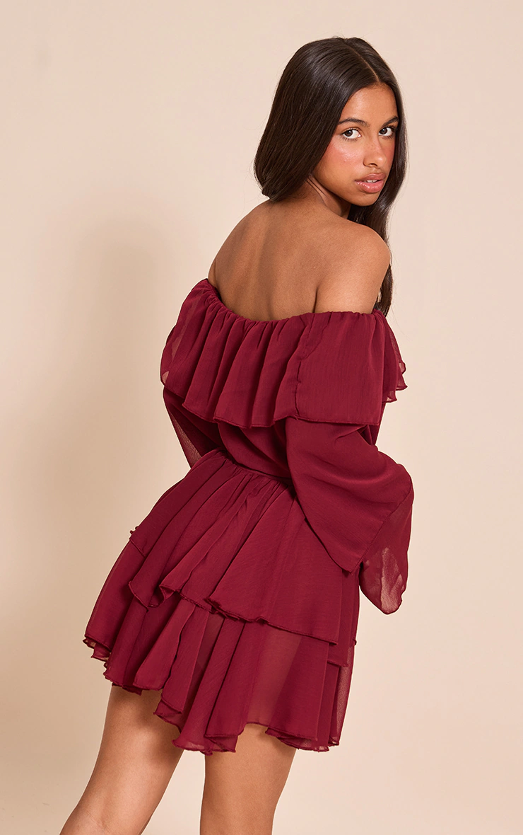 Petite Wine Chiffon Frill Detail Mini Dress