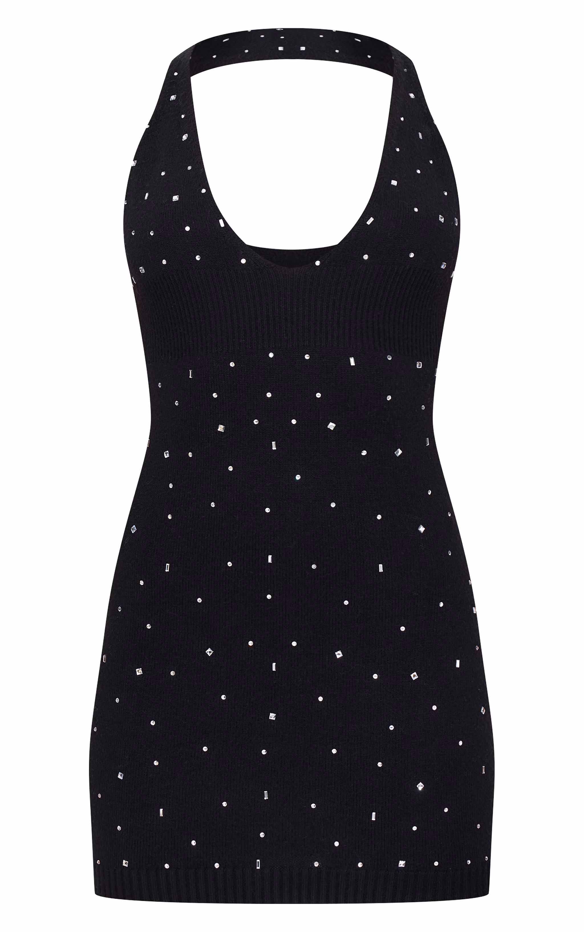 Black Soft Knit Gem Detail Plunge Mini Dress