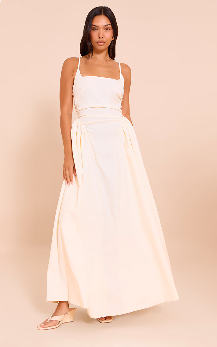 Cream Woven Ruched Strappy Midi Dress