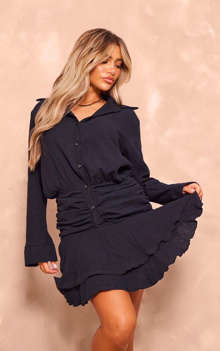Black Oversized Shirt Frill Detail Shift Dress