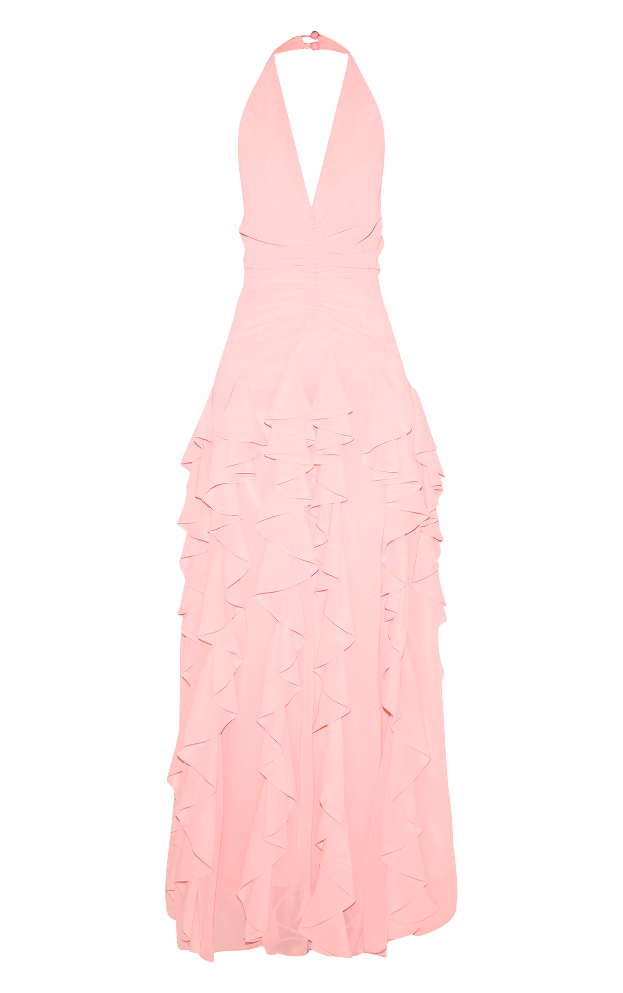 Light Pink Plunge Ruched Frill Detail Maxi Dress