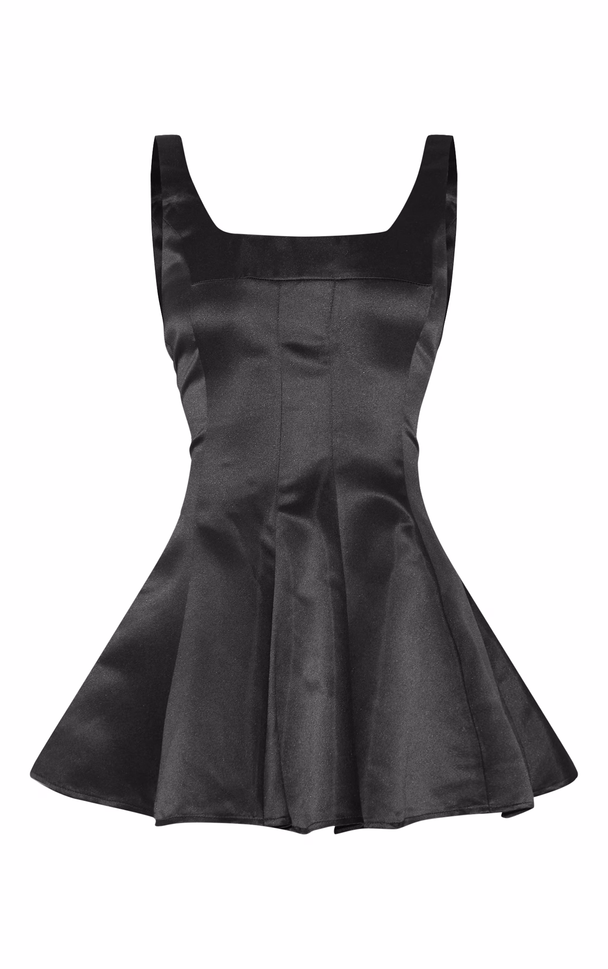 Black Satin Square Neck Pleated Shift Dress
