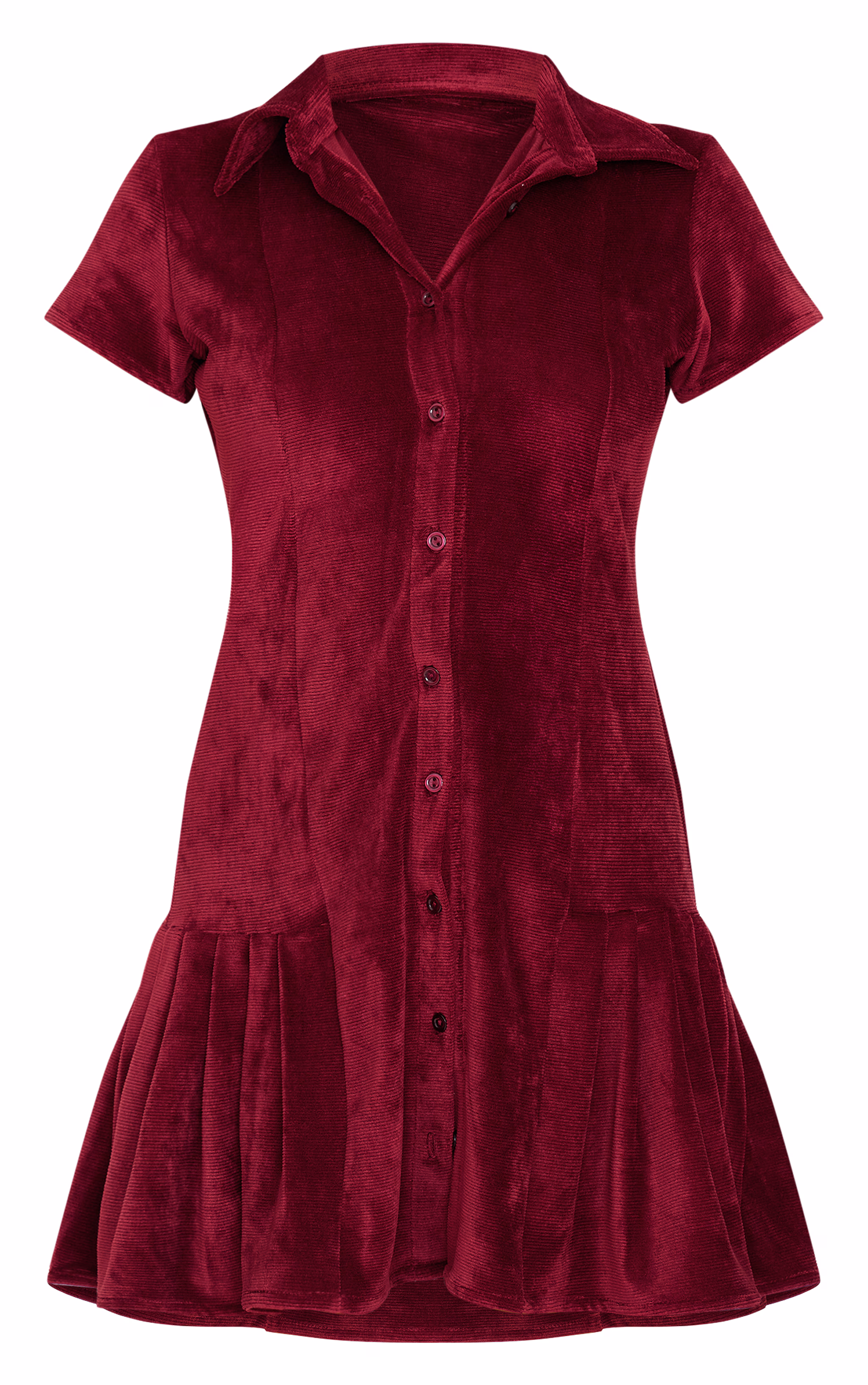 Burgundy Cord Button Down Cap Sleeve Pleated Hem Shift Dress