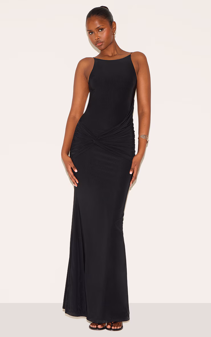 Black Double Layer Slinky Twisted Front Halter Neck Maxi Dress