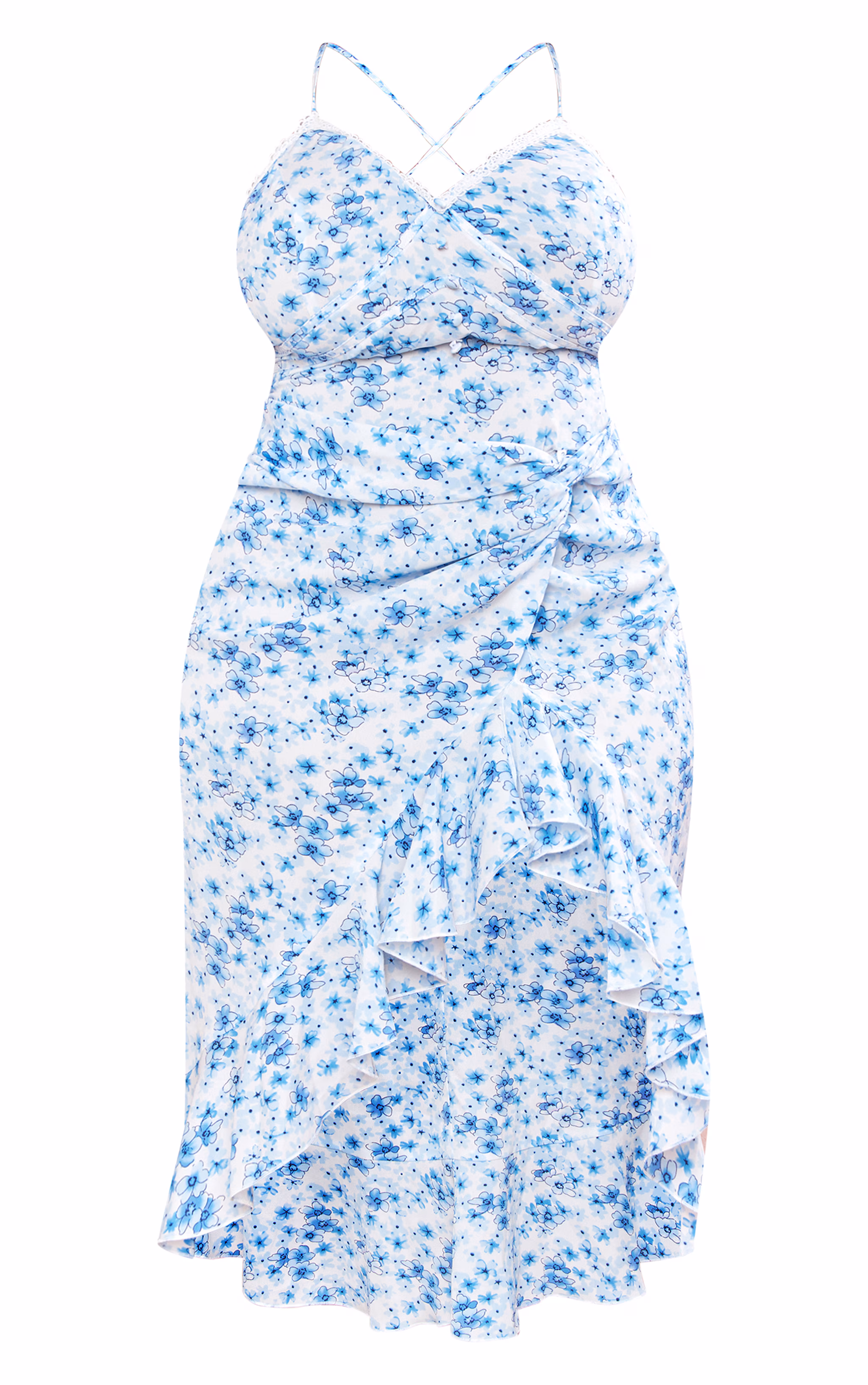 Plus Blue Floral Print Lace Up Back Twist Detail Midi Dress