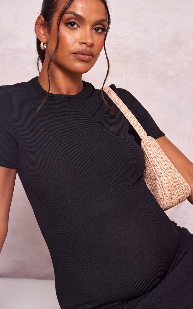 Maternity Black Ribbed Crew Neck Midi Dress