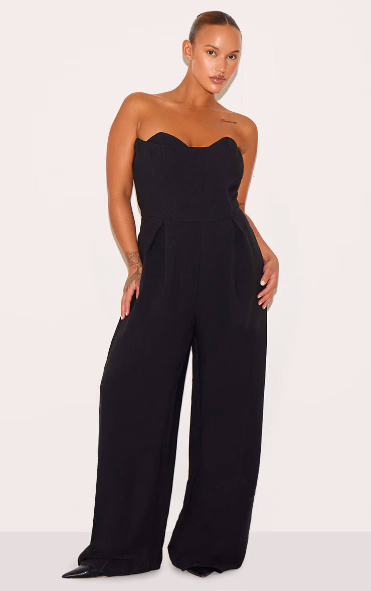 PLT Label Plus Black Corset Bust Detail Wide Leg Tailored Jumpsuit