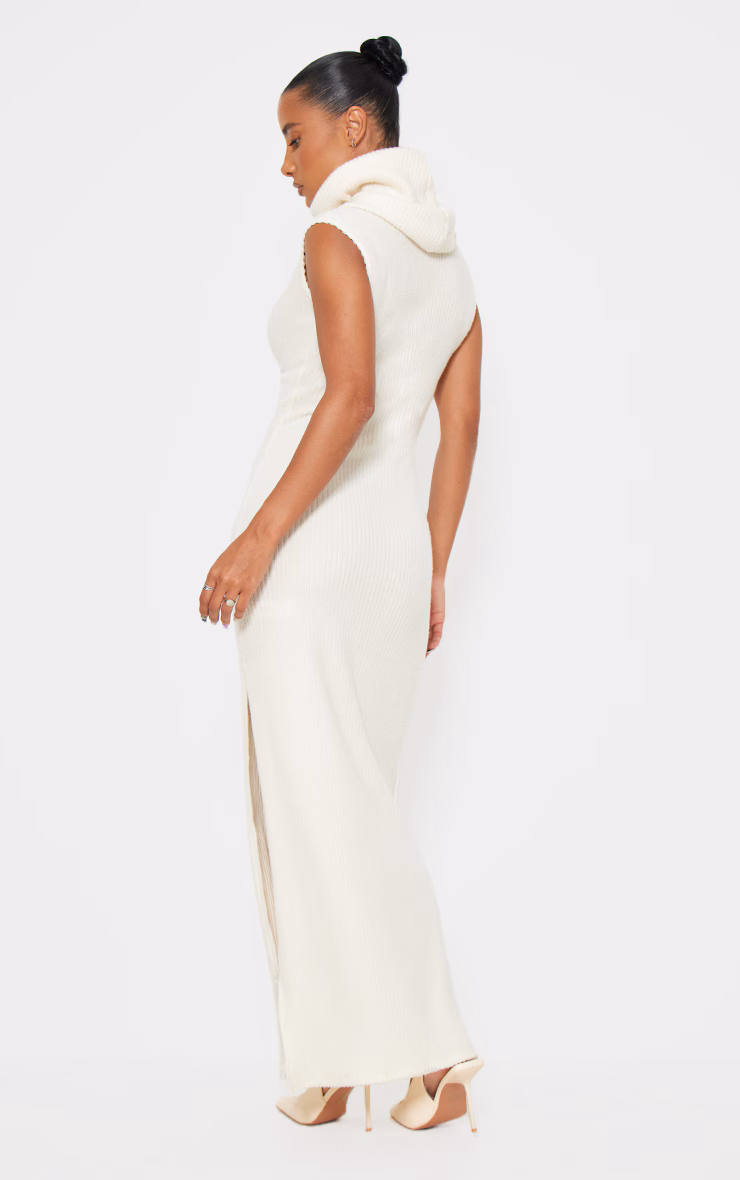 Cream Brushed Rib Roll Neck Maxi Dress