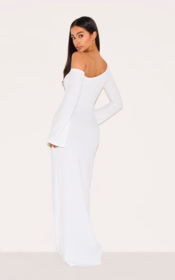 Petite Cream Asymmetric Ribbed Maxi Dress