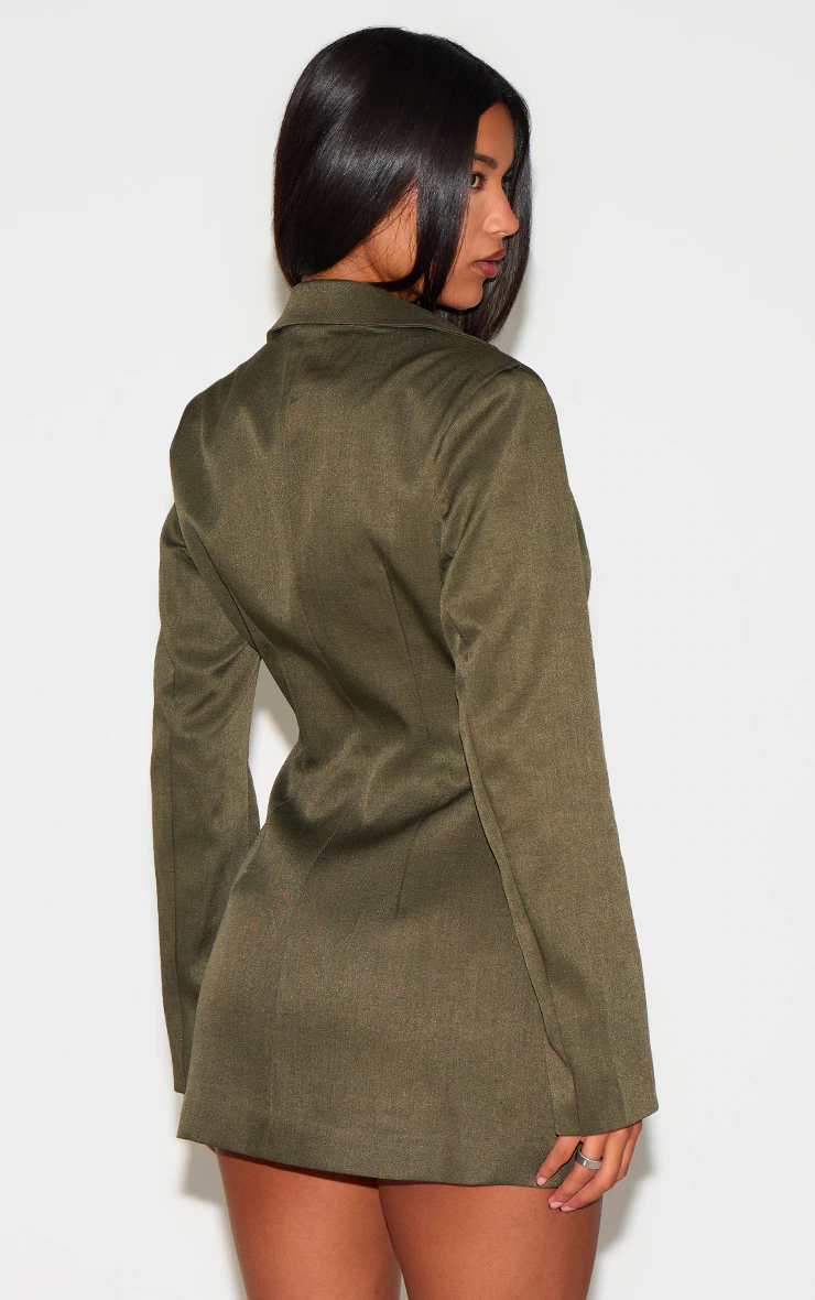 Khaki Woven Double Breasted Cinched Waist Blazer Dress