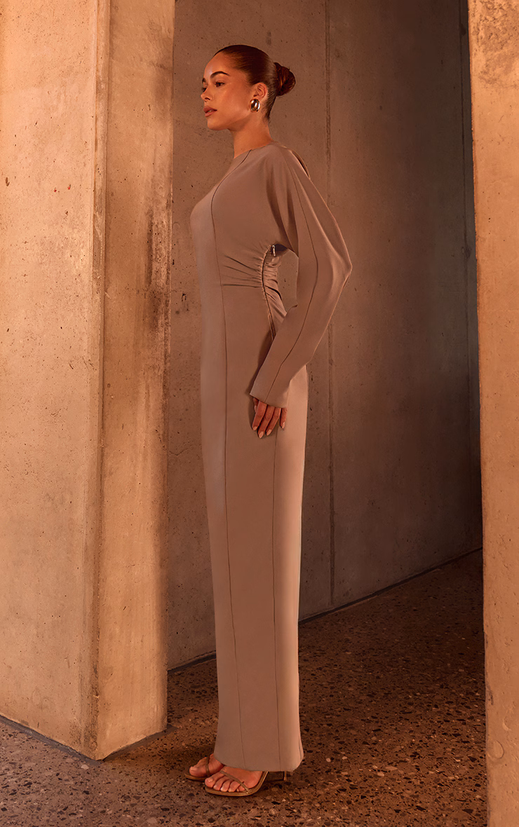 PLT Label Taupe Asymmetric Batwing Sleeved Cinched Waist Maxi Dress