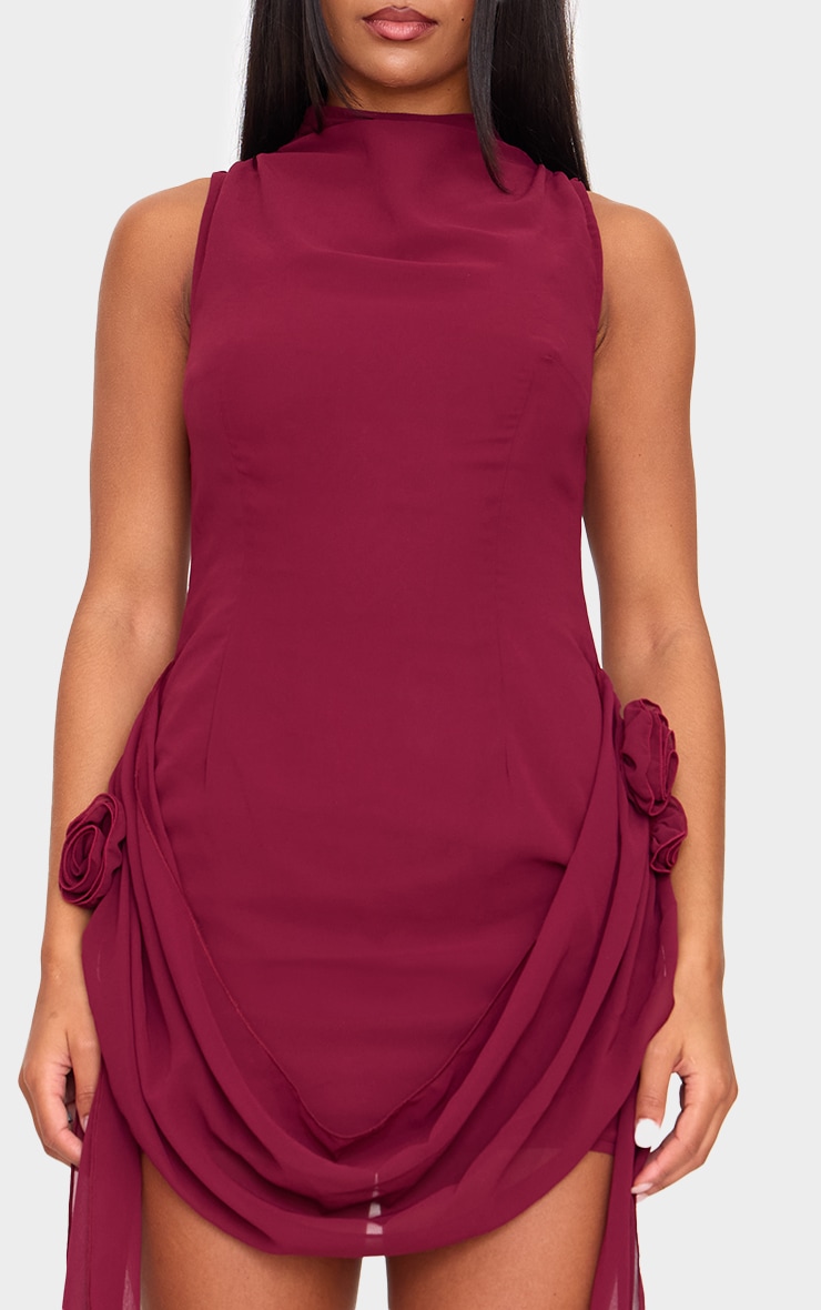 Burgundy Chiffon Boat Neck Drape Detail Mini Dress