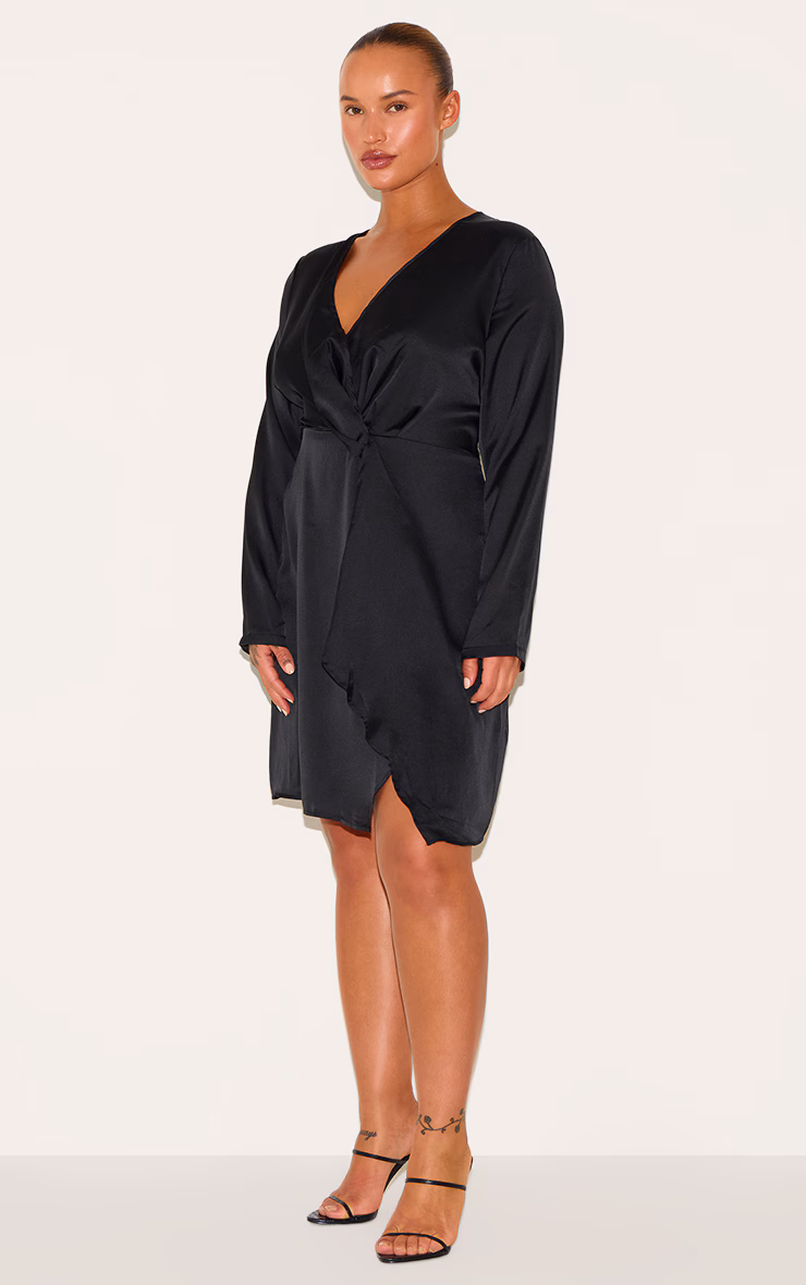 Plus Black Satin Long Sleeve Wrap Dress