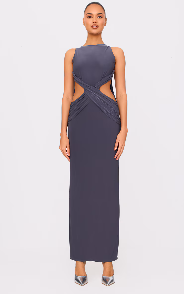 Charcoal Double Layer Slinky Twist Front Maxi Dress