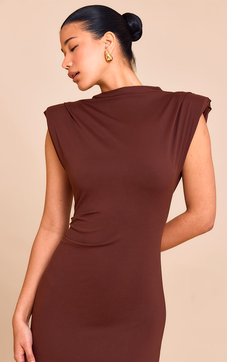 Chocolate Shoulder Pad Boat Neck Bodycon Dress