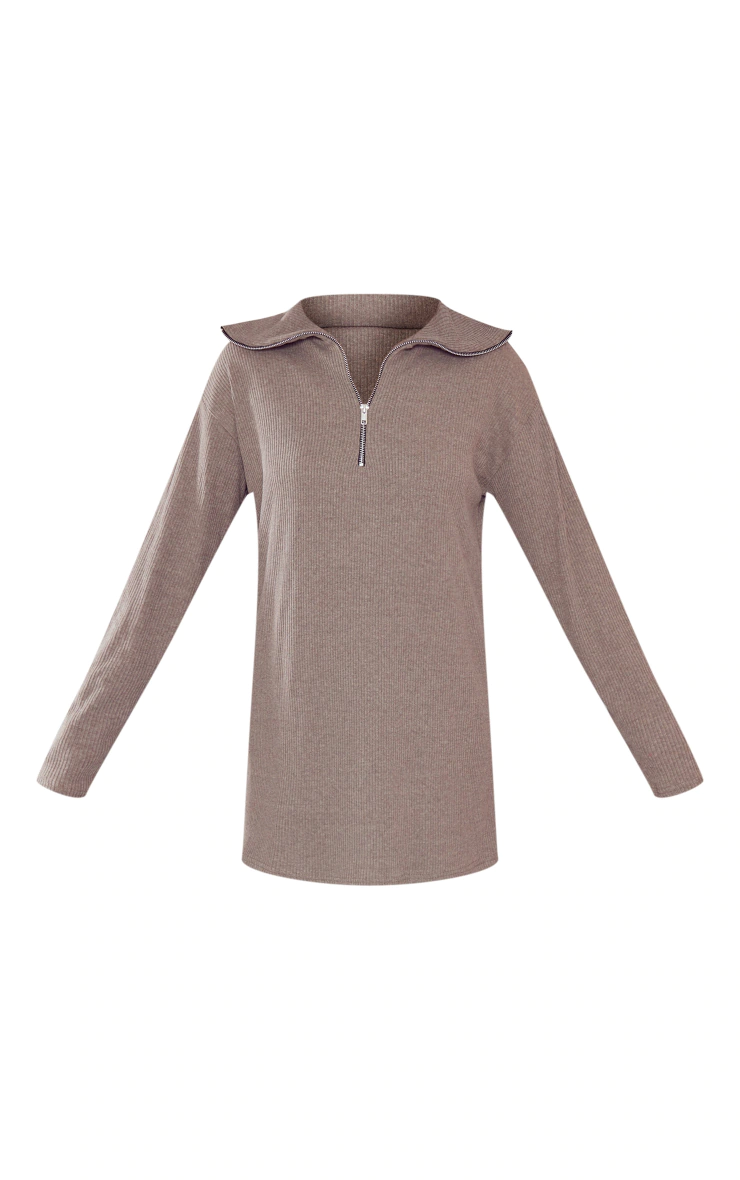 Sage Khaki Rib High Neck Half Zip Oversized Sweater Dress