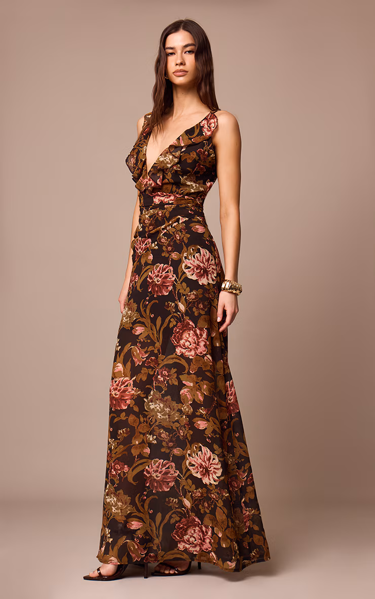 Black Floral Printed Chiffon Ruched Detail Maxi Dress