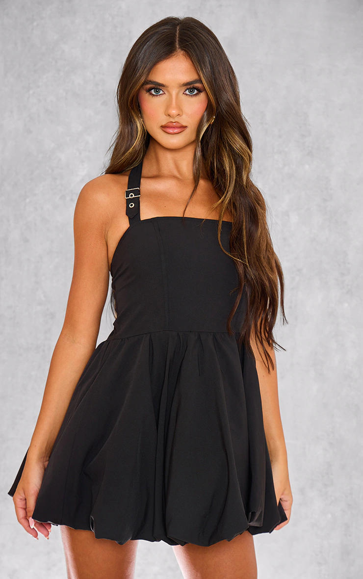Black Buckle Detail Halterneck Puffball Mini Dress