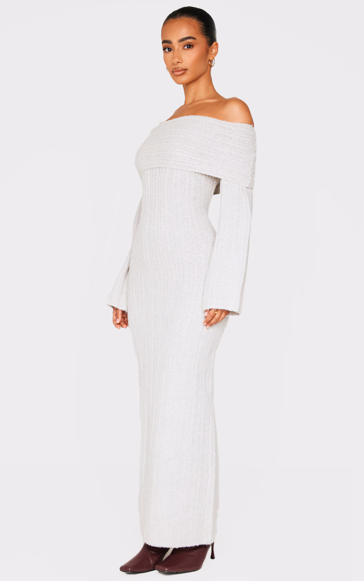 Petite Grey Rib Knitted Off The Shoulder Maxi Dress
