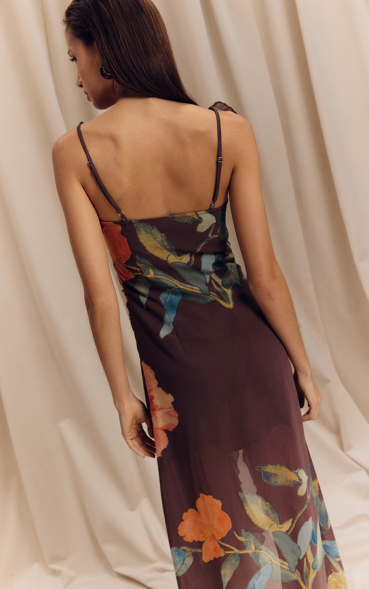 Brown Floral Chiffon Frill Plunge Strappy Maxi Dress