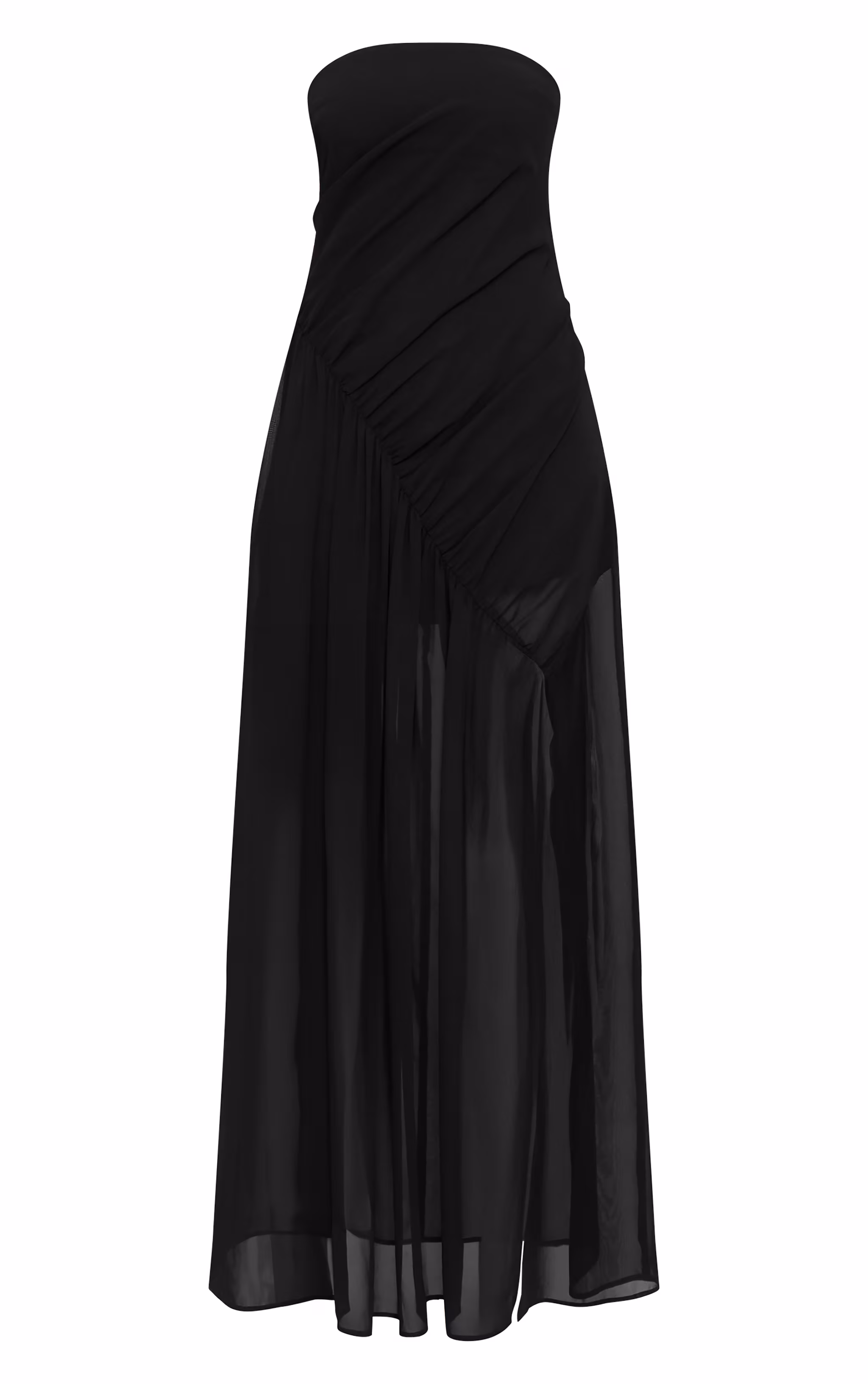 Black Double Layer Mesh Bandeau Asymmetric Ruching Maxi Dress