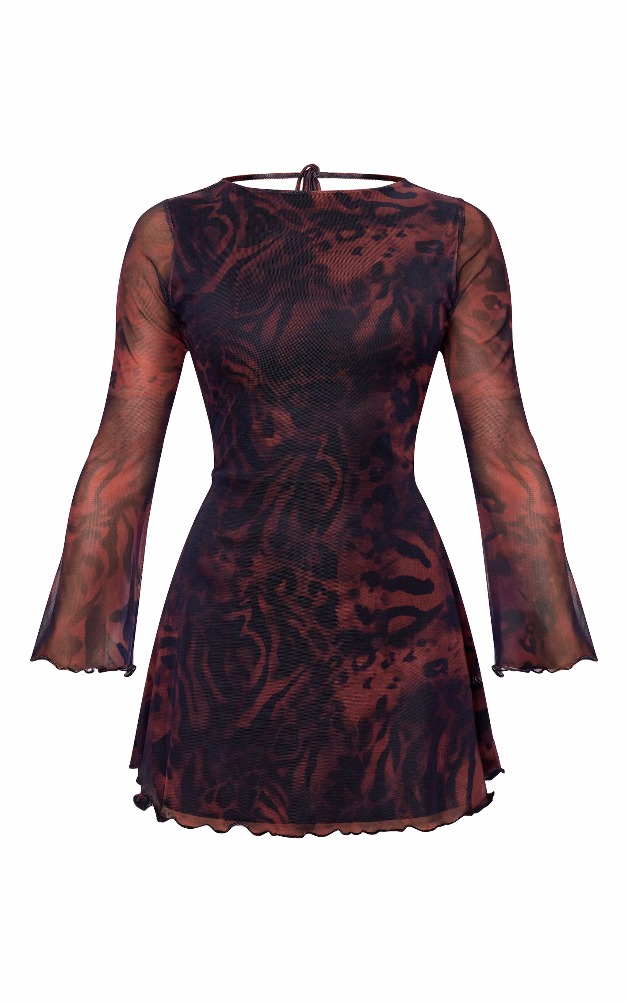 Burgundy Mesh Long Sleeve Tie Back Shift Dress