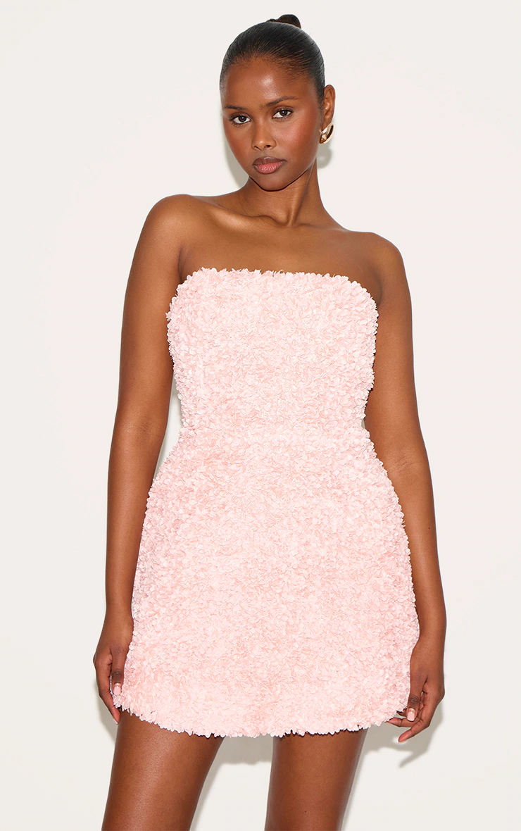 Baby Pink Floral Textured Bandeau Mini Dress