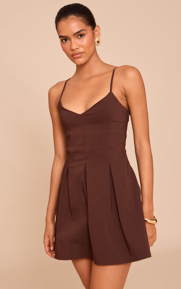 Chocolate Stretch Woven Strappy Pleated Shift Dress