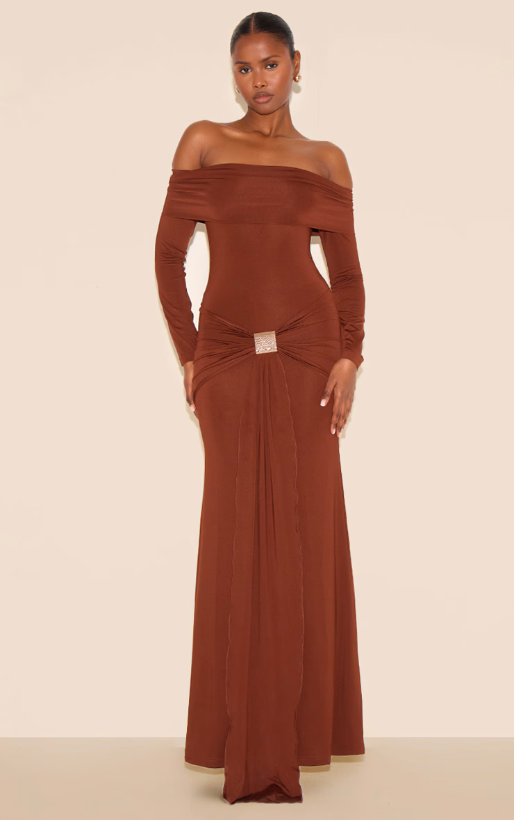 Chocolate Bardot Long Sleeve Trim Drape Detail Maxi Dress