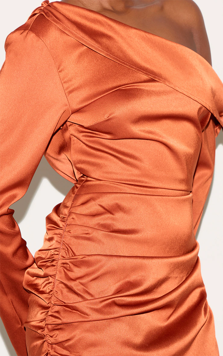 Burnt Orange Satin One Shoulder Drape Bodycon Dress