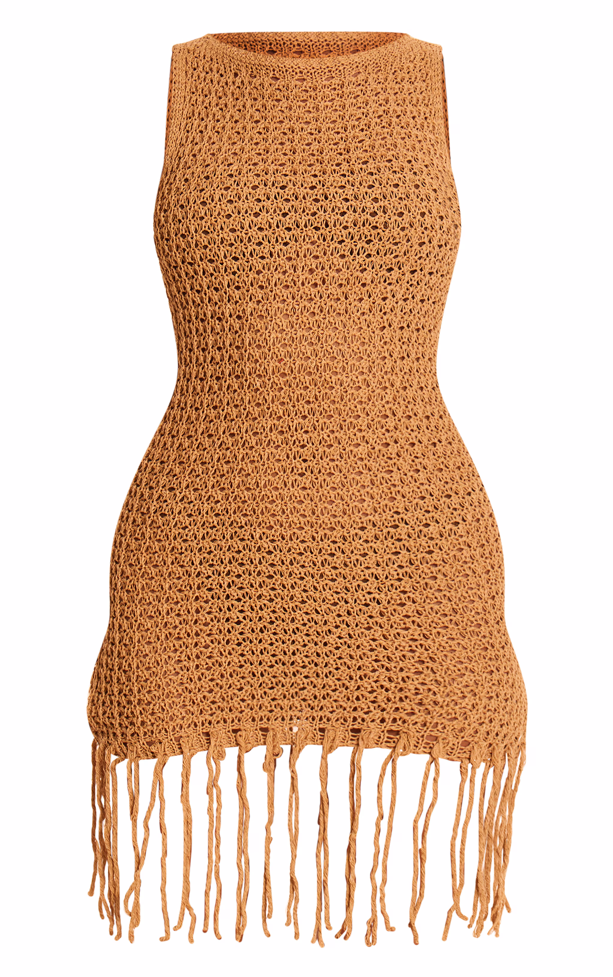 Beige Crochet Boat Neck Tassel Mini Dress